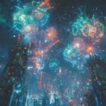 Futuristic robotic fireworks exploding in neon patterns over a glowing high-tech city.