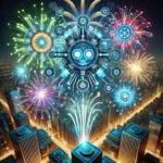 A realistic scene of robotic fireworks lighting up the night sky with neon colors above a futuristic city.