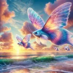 A surreal image of flying fish with glowing iridescent scales and delicate, patterned butterfly wings soaring above the ocean, set against a vibrant sunset with warm pastel hues.