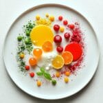 A molecular gastronomy plate of deconstructed fruit with vibrant foams, liquid pearls, powders, and edible spheres.