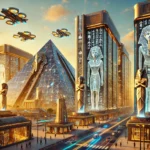 A futuristic city inspired by ancient Egypt, featuring glowing glass pyramids, hieroglyph-adorned skyscrapers, and holographic displays under a golden sunset.