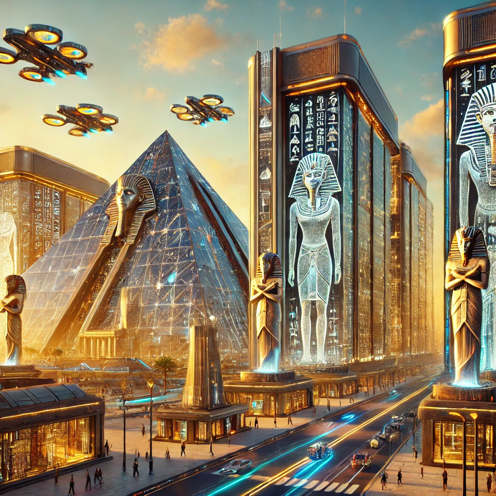 A futuristic city inspired by ancient Egypt, featuring glowing glass pyramids, hieroglyph-adorned skyscrapers, and holographic displays under a golden sunset.