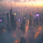 A futuristic city at sunrise, with glowing skyscrapers, flying vehicles, and a misty atmosphere blending golden sunlight with neon lights.