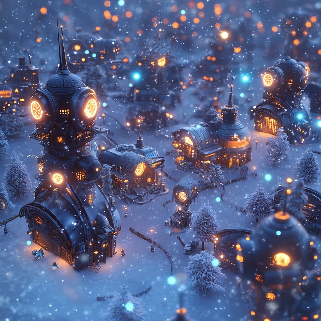 A snowy winter village with warm, glowing cottages, AI-generated creatures with translucent and bioluminescent designs, under a sky with a magical aurora.