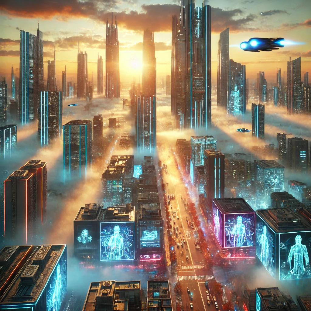 A futuristic city shrouded in mist at sunrise, featuring glowing skyscrapers, flying vehicles with light trails, and streets with holographic displays.