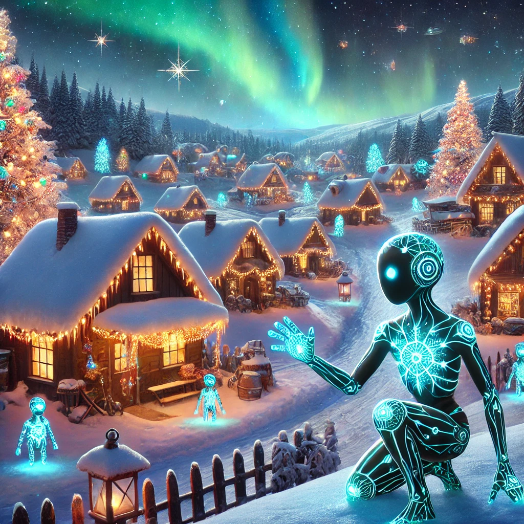 A whimsical winter village with cozy cottages glowing warmly, populated by futuristic AI creatures with translucent, glowing designs, surrounded by snow and a faint aurora in the sky.