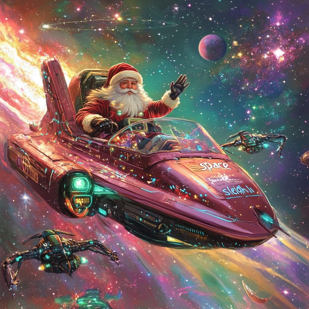 Santa Claus in a futuristic spaceship sleigh, decorated with glowing lights, flying through a galaxy filled with stars and nebulae, accompanied by robotic drones.