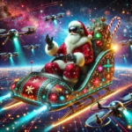 Santa Claus in a high-tech space sleigh adorned with festive lights, flying through a vibrant galaxy with stars, planets, and nebulae, assisted by robotic drones.