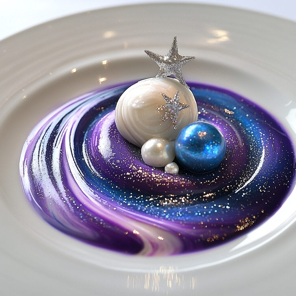 A galaxy-themed dessert with edible stars, swirling colors, chocolate planets, and a glossy, mirror-like finish.