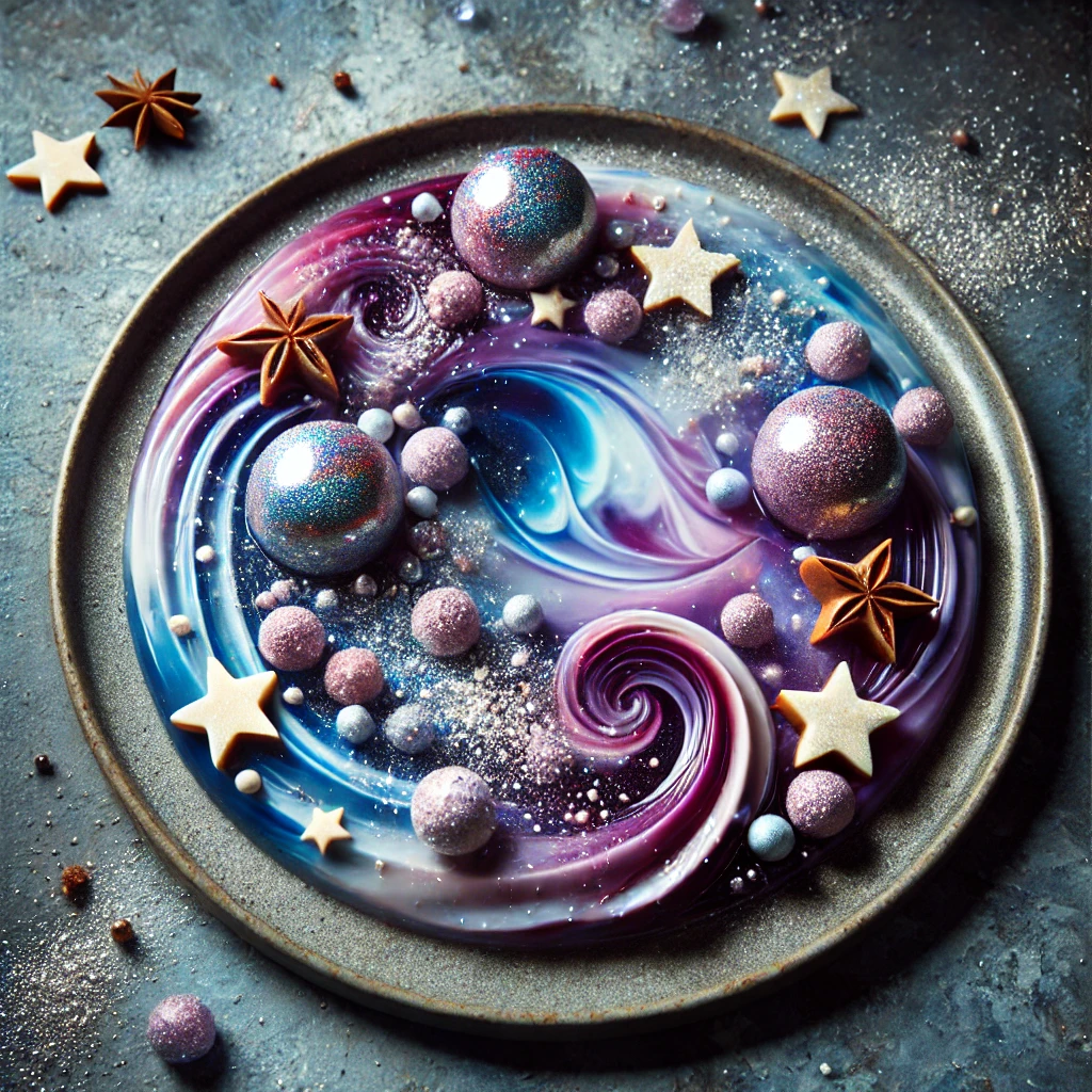 A molecular gastronomy dessert resembling a galaxy with edible stars, swirling colors, and a glossy cosmic glaze.