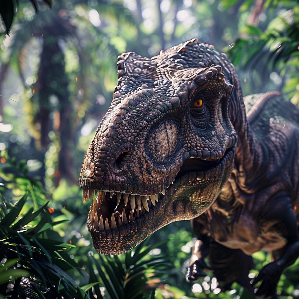 Close-up of a Tyrannosaurus rex with sharp teeth and textured scales in a lush prehistoric jungle.