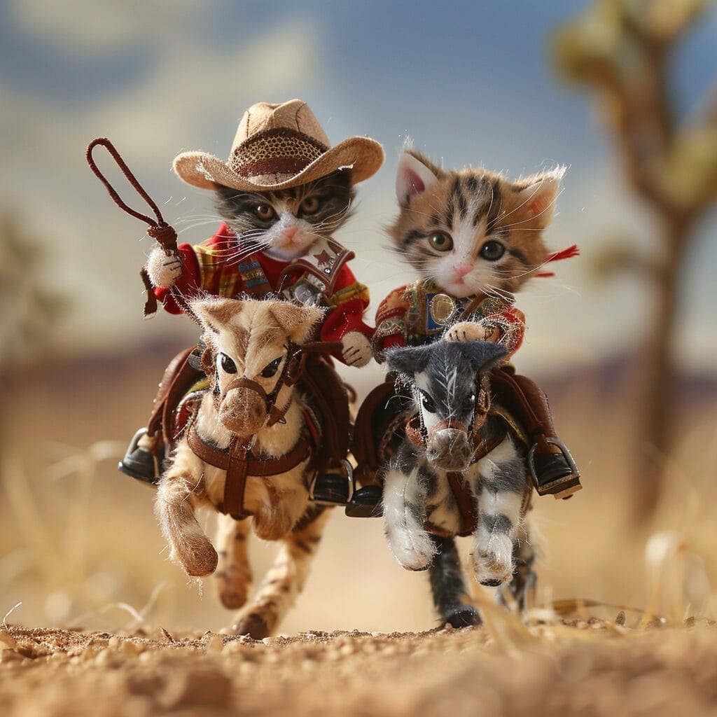 Cats riding horses, Wild West, cowboys, Midjourney