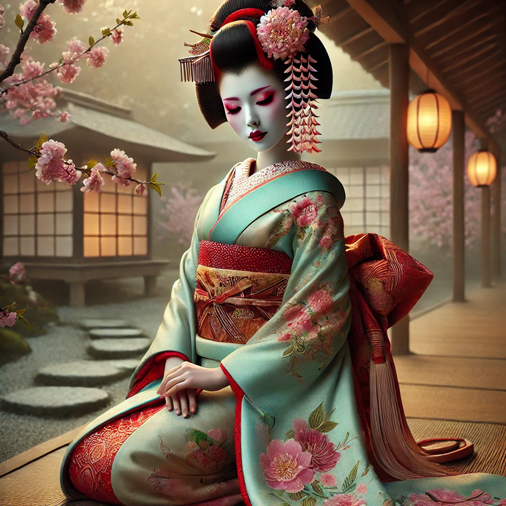 A hyper-realistic photograph of a geisha in traditional Japanese attire, featuring a silk kimono, obi belt, geta sandals, and kanzashi hairpins, in a serene teahouse garden with cherry blossoms and lanterns.