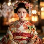 A hyper-realistic portrait of a geisha wearing a vibrant silk kimono, obi belt, traditional geta sandals, and intricate kanzashi hairpins, standing in a Japanese teahouse garden with cherry blossoms and glowing lanterns.