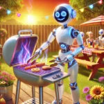 A cheerful robot using a glowing futuristic grill in a sunny backyard, surrounded by picnic tables, flowers, and other robots enjoying a meal.