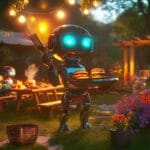 A humanoid robot grilling burgers and hotdogs on a glowing high-tech barbecue, surrounded by picnic tables and colorful flowers in a cheerful backyard setting.