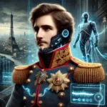 Napoleon Bonaparte portrayed as a sci-fi hero wearing a futuristic exosuit with a high-tech cityscape behind him