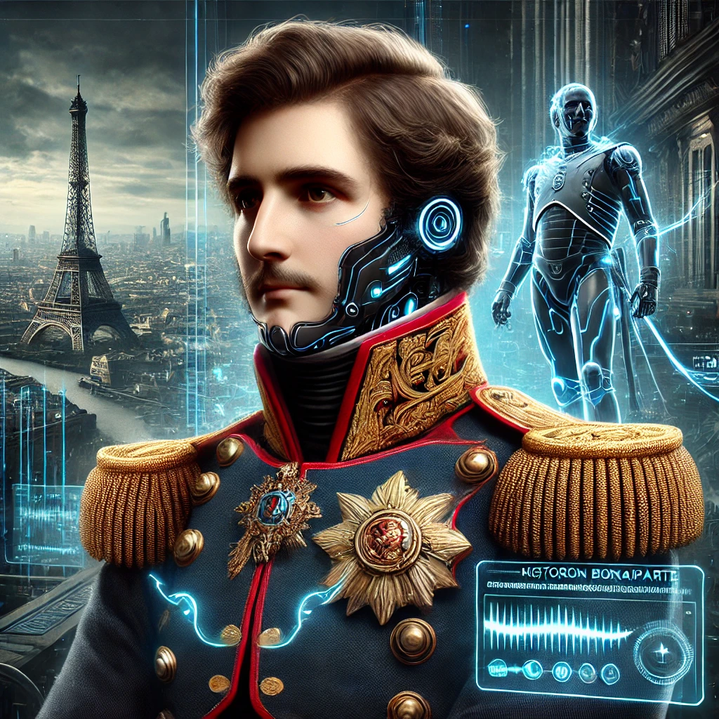 Napoleon Bonaparte portrayed as a sci-fi hero wearing a futuristic exosuit with a high-tech cityscape behind him