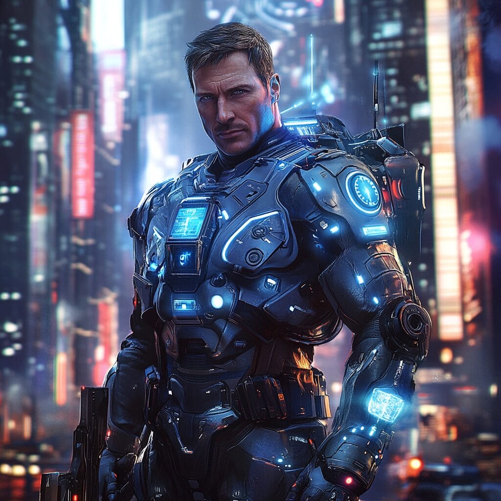 A detailed portrait of Napoleon Bonaparte as a sci-fi hero in a glowing exosuit with a futuristic city in the background.