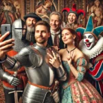 Medieval characters, including a knight, a queen, and a jester, posing for a selfie with a modern smartphone in a grand medieval hall with tapestries and chandeliers.