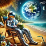 A realistic image of an astronaut on a beach, sipping a coconut drink, with Earth prominently visible in the sky.