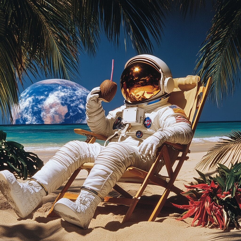 An astronaut in a space suit relaxing on a tropical beach with Earth visible in the sky.