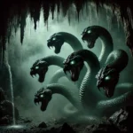 A misty cave scene with a lurking multi-headed hydra, glowing eyes, and shimmering green-black scales.