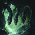 A misty cave with a multi-headed hydra lurking in shadows, glowing eyes, and green shimmering scales.