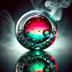 A jewel-like molecular gastronomy cocktail sphere glowing in ruby red, emerald green, and sapphire blue, surrounded by vapor.