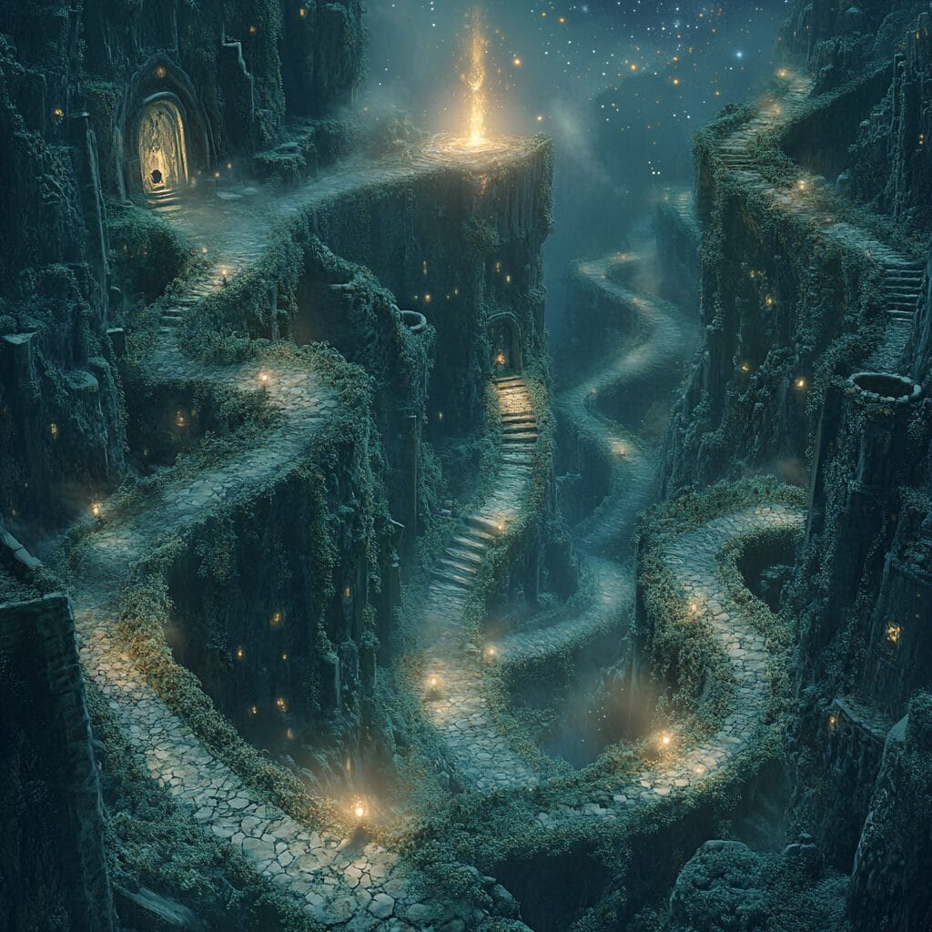 A mystical labyrinth with tall, ivy-covered stone walls, glowing lanterns, winding pathways, and a central portal emitting magical light under a starry sky.