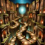 An enchanting labyrinth with towering ivy-covered stone walls, glowing lanterns lighting winding paths, and a central glowing portal, set under a dark, starry sky.