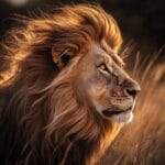 A photorealistic close-up of a lion with a flowing mane and sharp amber eyes, set against a warm savannah background with soft natural lighting, showcasing its majestic and serene presence.