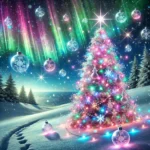 A futuristic Christmas tree entirely made of holographic lights, glowing in vibrant colors, surrounded by a snowy landscape with a starry sky and faint auroras.