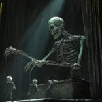 A grotesque figure with skeletal features controlling eerie, lifelike puppets on a worn, cracked theater stage.