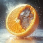 A surreal image of a mechanical orange, with vibrant peel and exposed gears, cogs, and wires seamlessly integrated with natural orange pulp, set against a minimalist background.