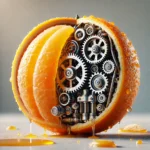 A hyper-realistic image of a mechanical orange, partially peeled to reveal shiny gears and cogs intertwined with natural orange pulp, set on a minimalist background with soft lighting.