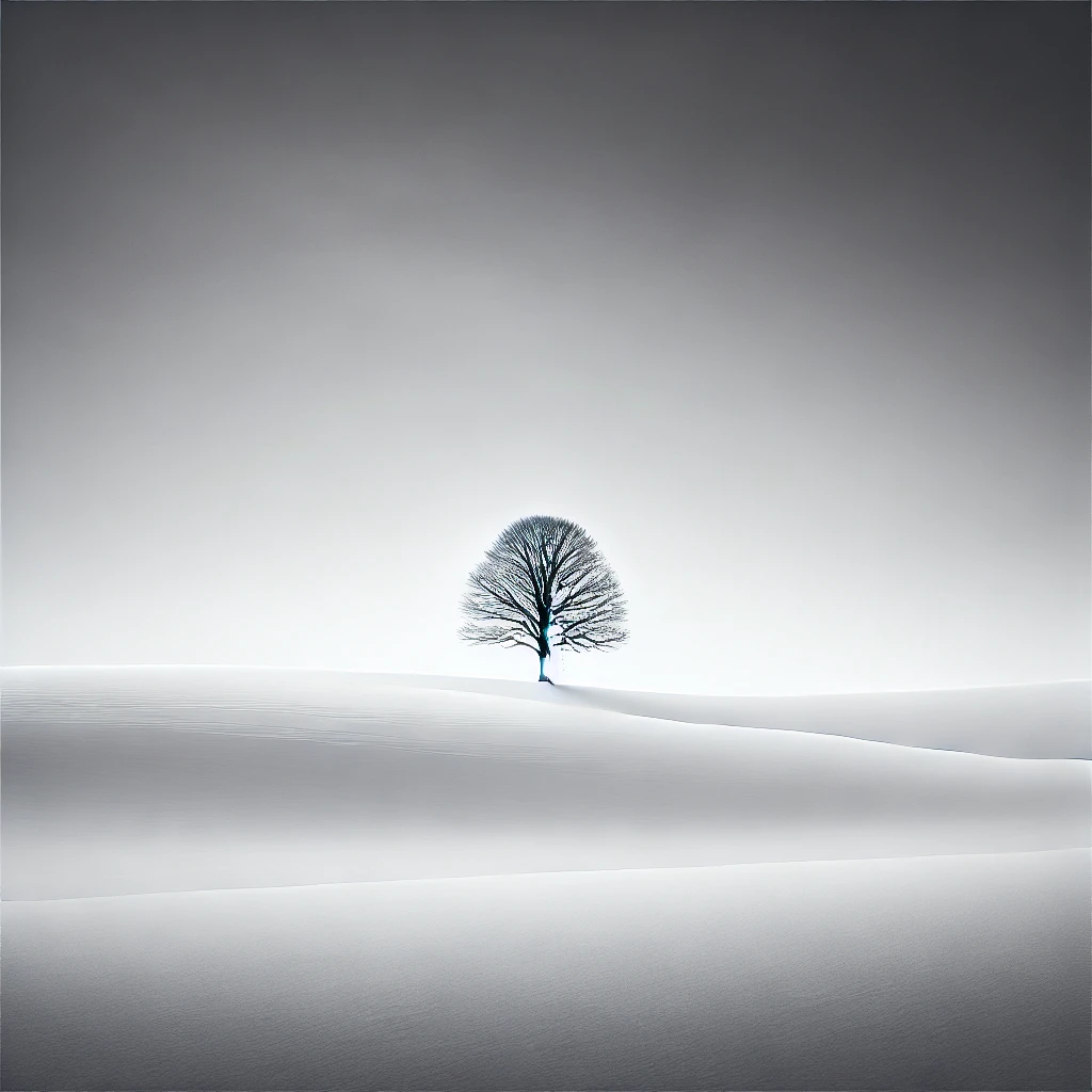 A realistic black-and-white winter landscape with a single bare tree in a vast snowy field.