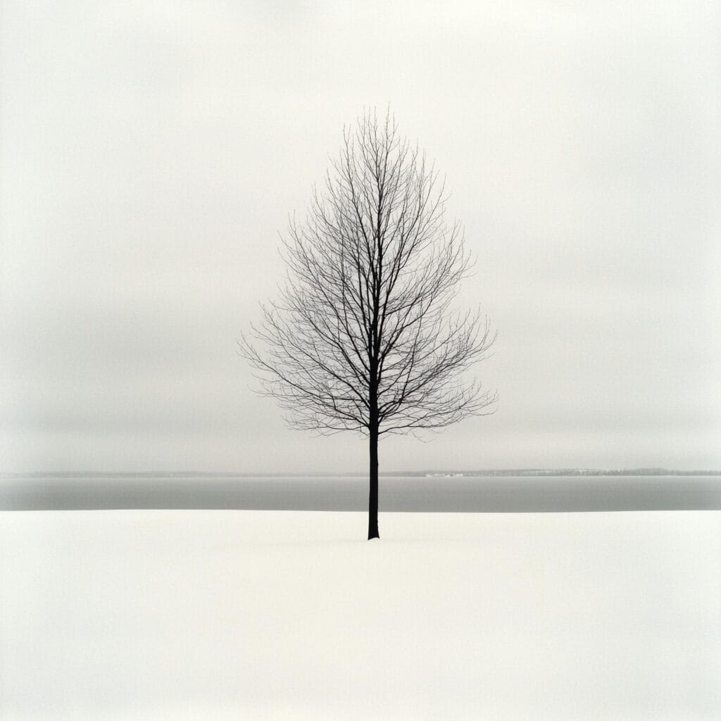 A minimalist black-and-white winter scene with a single tree in a snow-covered field under an overcast sky.