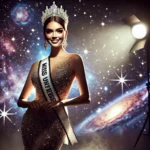 A full-body portrait of Miss Universe in a sparkling evening gown and jewel-encrusted crown, posed elegantly under a spotlight with a cosmic background of stars and galaxies.