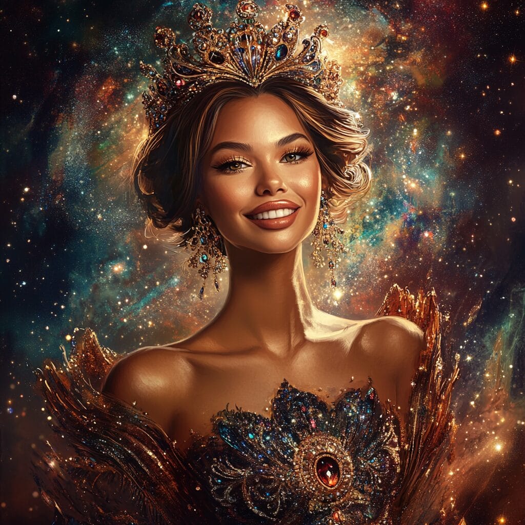 A radiant portrait of Miss Universe wearing a glittering gown and crown, set against a cosmic-themed background with galaxies and stars, exuding grace and confidence under a spotlight.