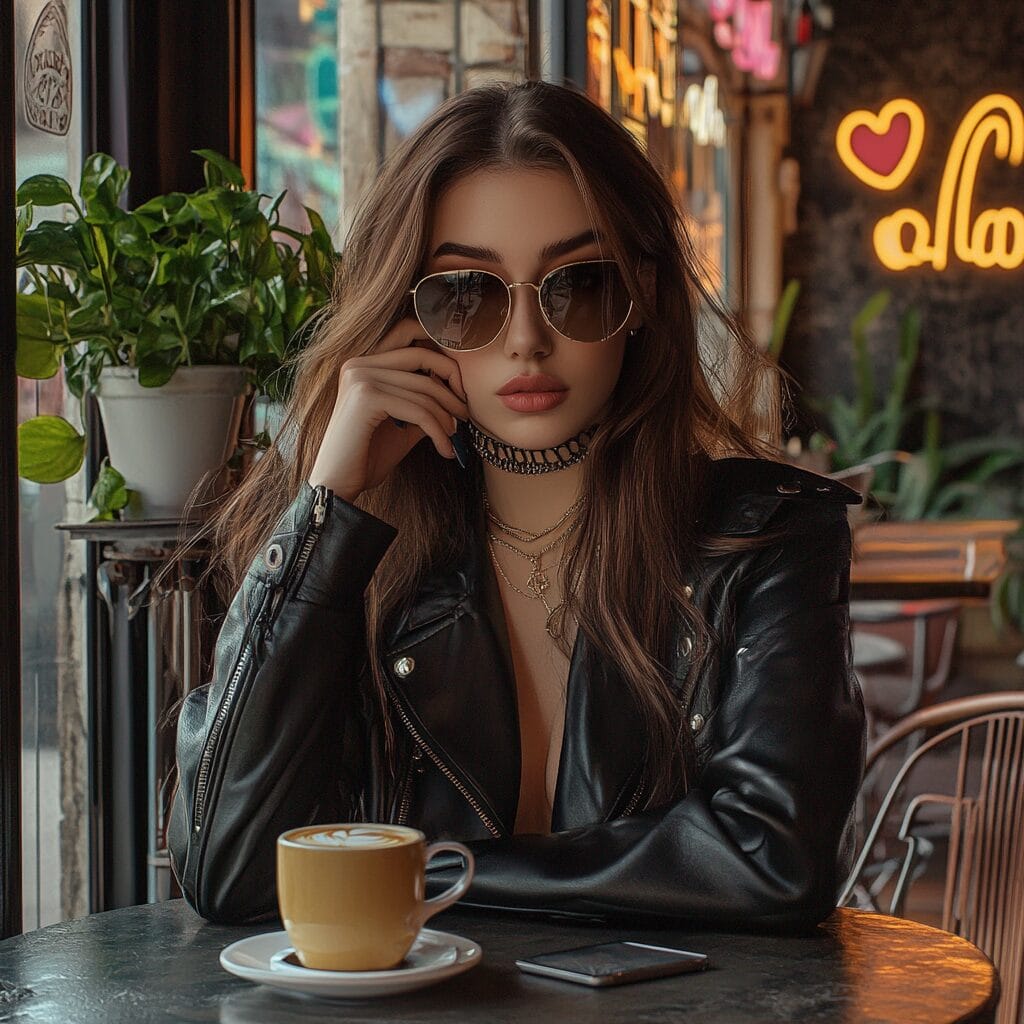 Mona Lisa in a modern setting, dressed as an Instagram influencer in a trendy café.