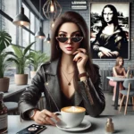 A realistic depiction of Mona Lisa as a modern Instagram influencer, posing in a trendy café.