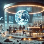 A futuristic café on the moon with a view of Earth, where astronauts and aliens enjoy drinks and pastries in a cozy, welcoming setting with floating holographic menus.