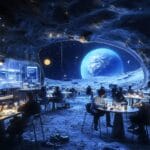 A cozy café on the moon, with transparent walls showcasing Earth and the lunar landscape, featuring astronauts and aliens enjoying coffee and pastries.