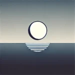 A minimalist abstract moonrise with a curved line as the horizon and a circle as the moon, with a navy-to-gray gradient background.