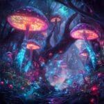 A surreal forest with giant glowing mushrooms, bioluminescent fungi, luminous plants, and magical creatures in a misty, dreamlike atmosphere.