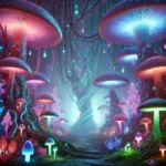 A surreal forest featuring towering glowing mushrooms emitting vivid light, with a misty ground covered in luminous plants, crystals, and magical creatures.