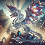 A shimmering crystal dragon with light refracting into rainbows, standing on a misty peak with translucent wings.