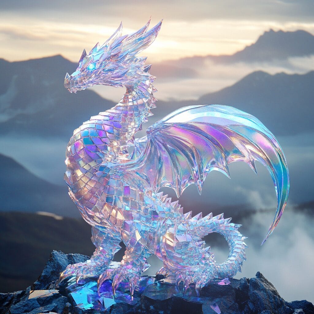 A crystal dragon refracting light into rainbows, standing on a misty mountain peak with glowing translucent wings.