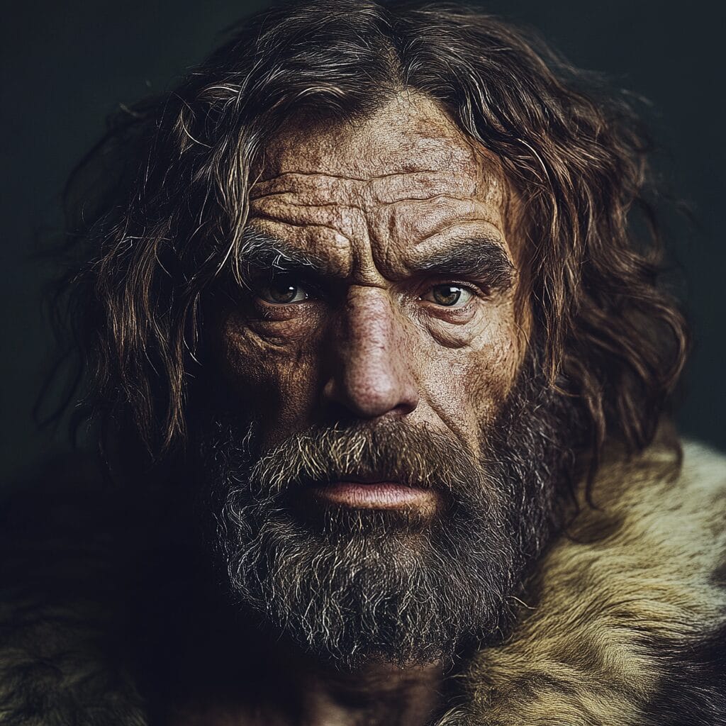 A hyper-realistic studio portrait of a Neanderthal man with a rugged face, prominent brow ridge, unkempt hair, and a scruffy beard, wearing a fur garment, with dramatic lighting and a neutral background.